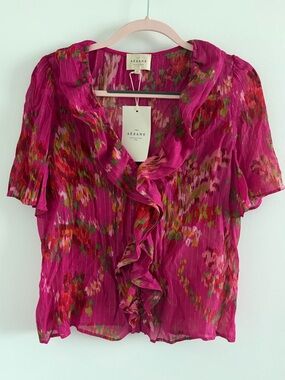 Sezane Fuchsia Floral Ruffle Short-Sleeve Blouse